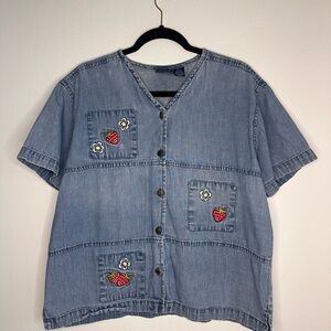 Jane Ashley strawberry Embroidered Blue Button Down Top